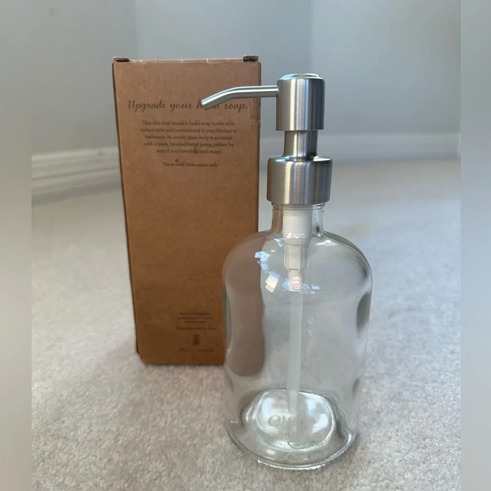 CLEAR GLASS SOAP DISPENSER WITH BRUSHED SILVER PUMP GROVE REUSABLE HAND DISH b